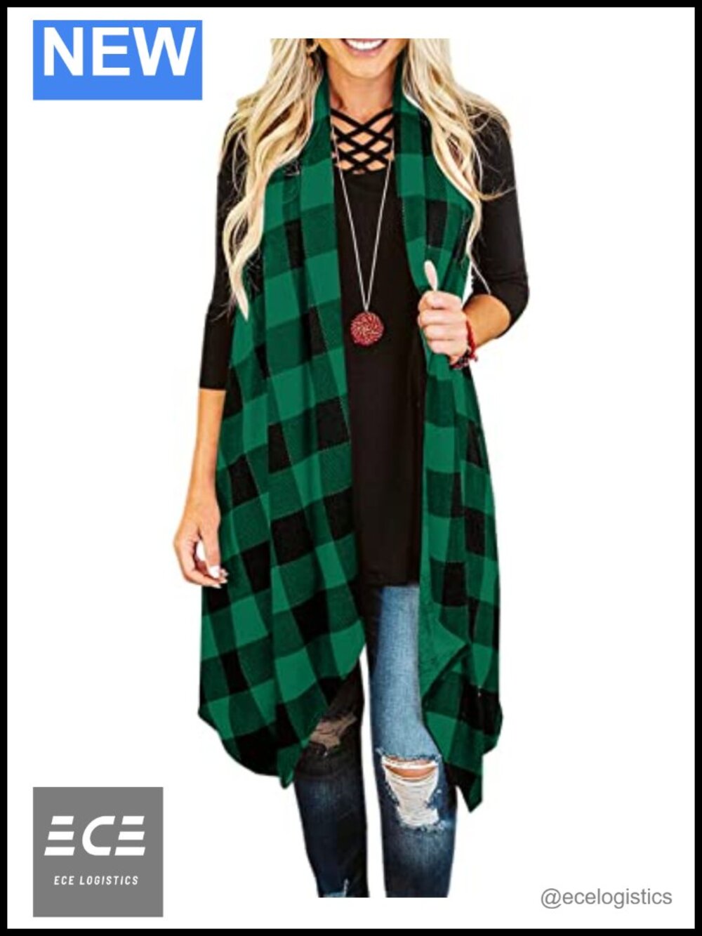 Plaid Open Front Sleeveless Duster Cardigan with Pockets